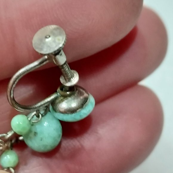 Antique Peking Green glass drop filagree earrings w. screw backs Unsigned - Picture 4 of 6